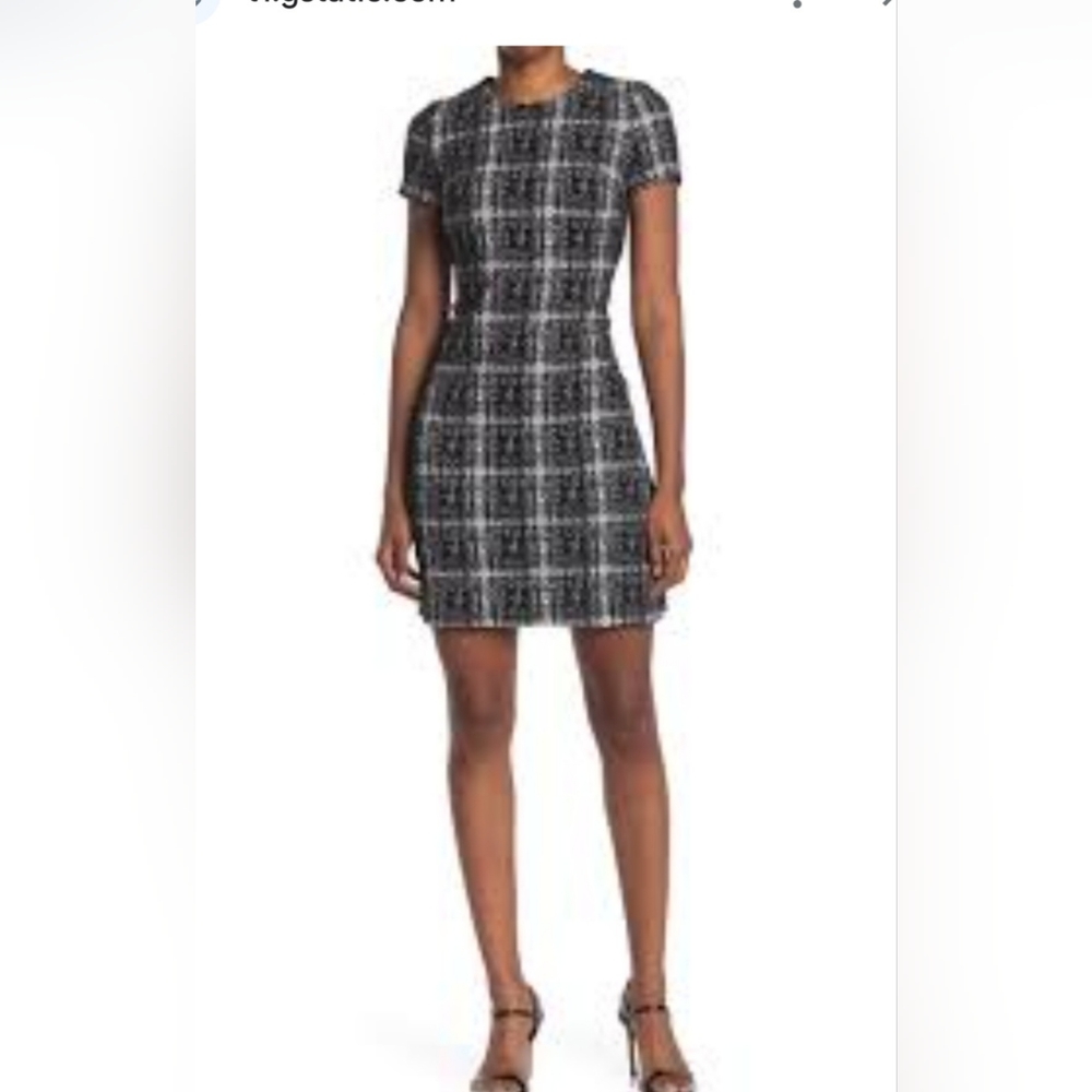 Calvin Klein Plaid Short Sleeve Ponte Dress in Black and Cream